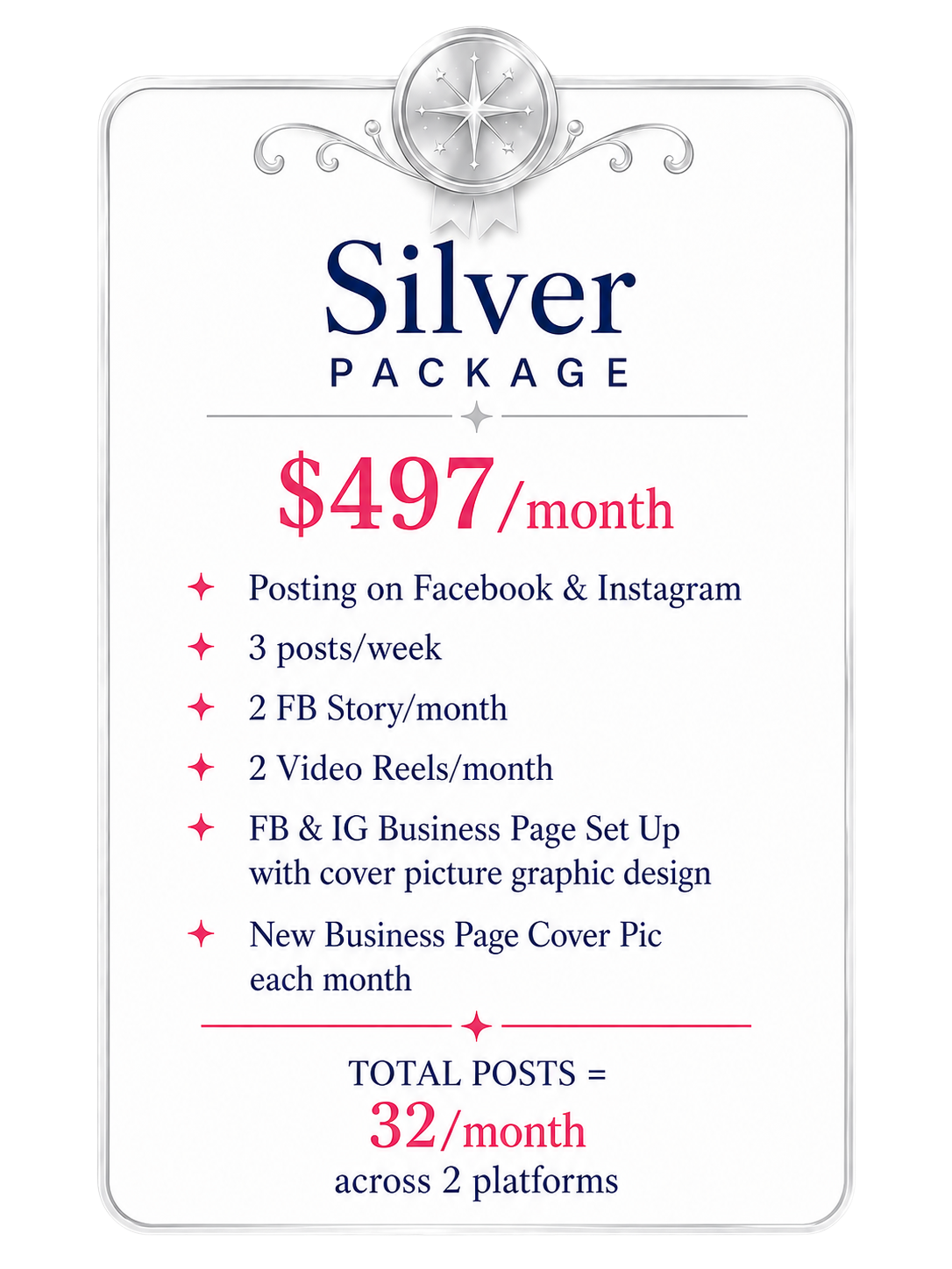 Silver package, $497 per month: posting on Facebook and Instagram, 3 posts a week, 2 FB stories and 2 video reels a month, FB and IG business page set up with cover graphic, new cover picture each month. Total 32 posts a month across 2 platforms.