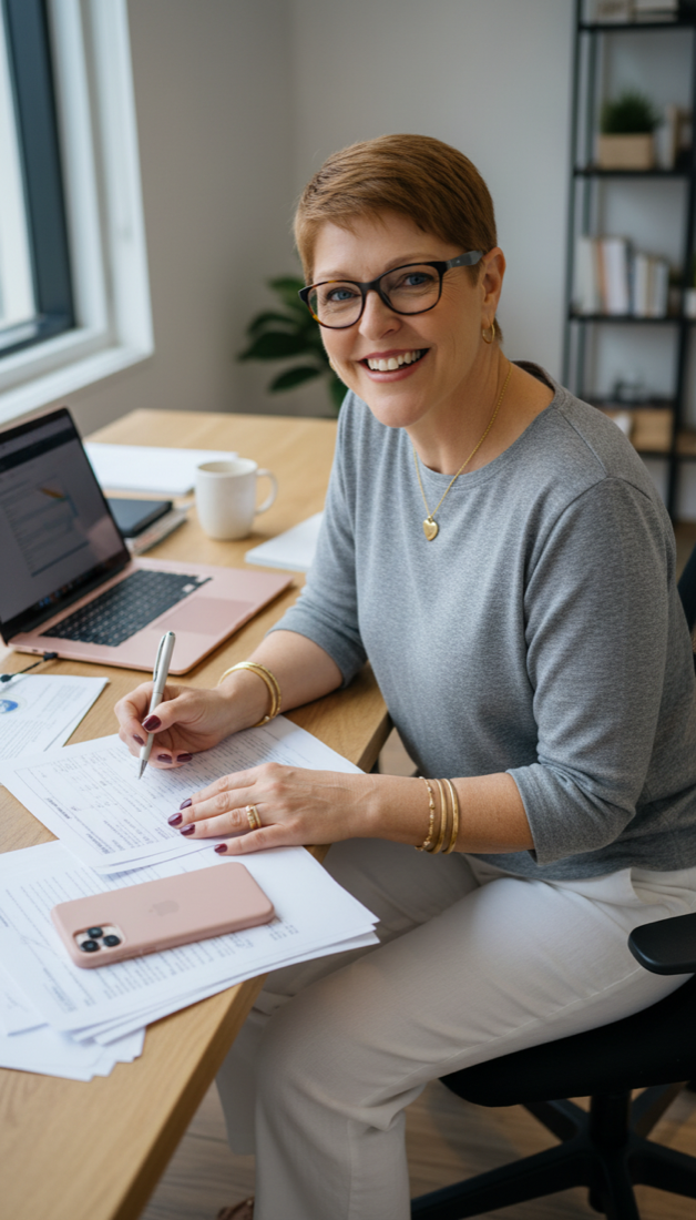 Suzi Manley working at her desk planning a business growth system